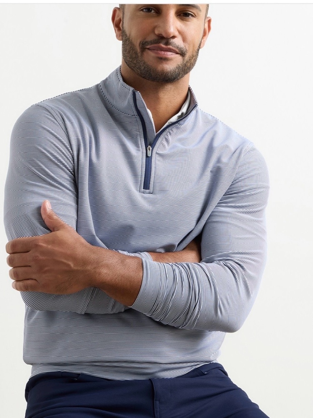 Brand New! Peter Millar Perth Sugar Stripe Performance Quarter Zip (navy/white) - Picture 2 of 5